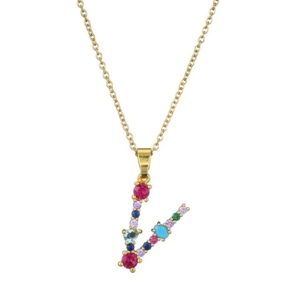 V Initial Pendant Necklace Multi-color Rhinestones Gold Tone Chain - Picture 10 of 15